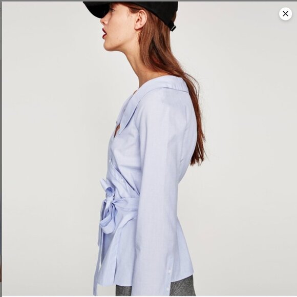 Zara Striped Wrap Blouse with Belt in  Sky Blue Size XS NEW WITH TA… - Picture 3 of 8